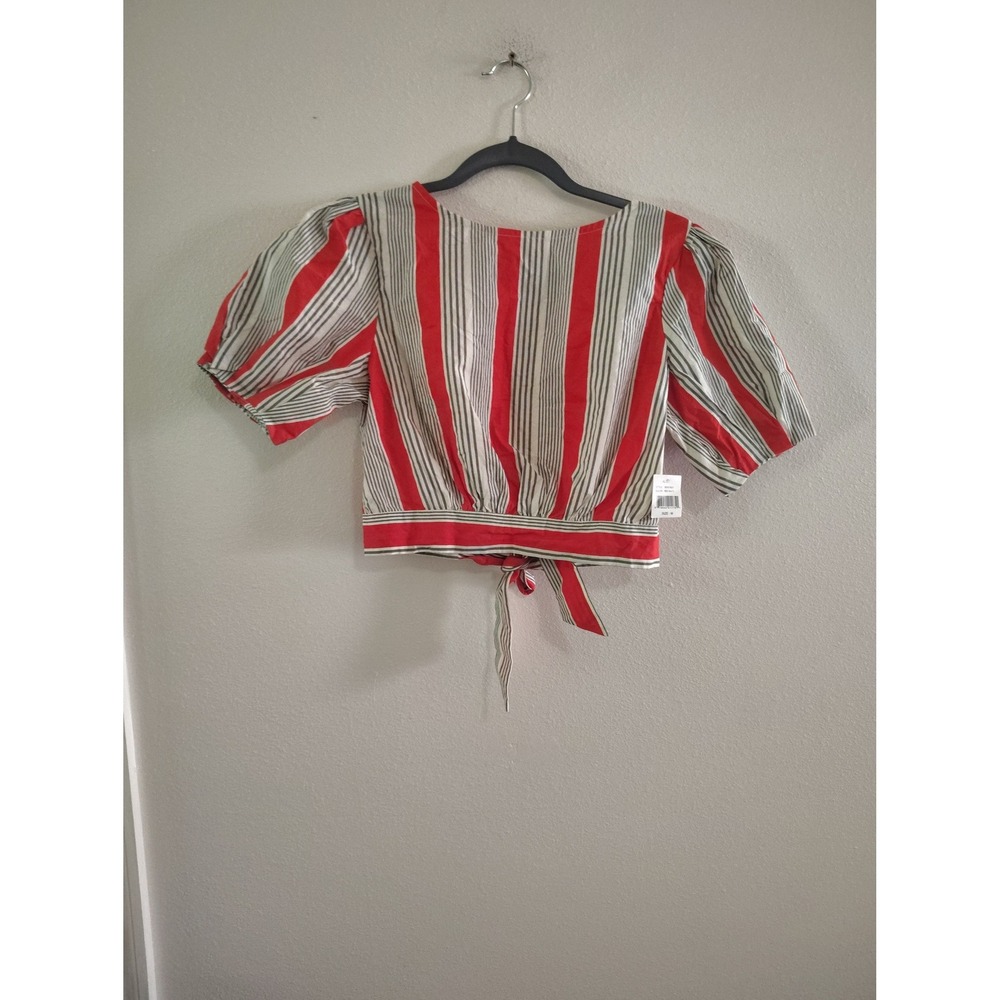 True Destiny Red Stripe Puff Sleeve Crop Top Open Back Tie Hem Medium NWT